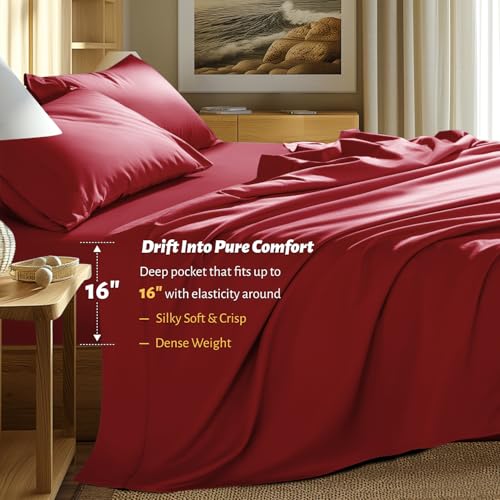 Shilucheng 100% Egyptian Cotton Sheets Set,Luxury Cotton Bed Sheets,Breathable Bedding and Pillow Cases, 16 Inch Deep Pocket - 4 Piece (Burgundy, King)