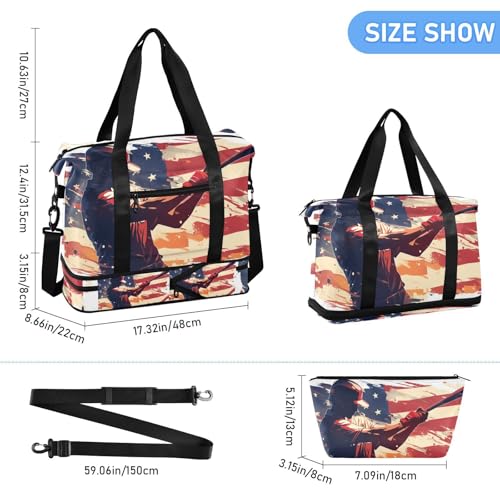 Baseball American Flag Gym Sports Duffel Bags Carry On Personal Item Bag with Toiletry Bag for Yoga Multifunctional3