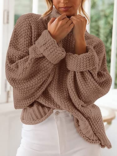 Image of ZESICA Women's Turtleneck Batwing Sleeve Loose Oversized Chunky Knitted Pullover Sweater Jumper Tops,Khaki,XX-Large