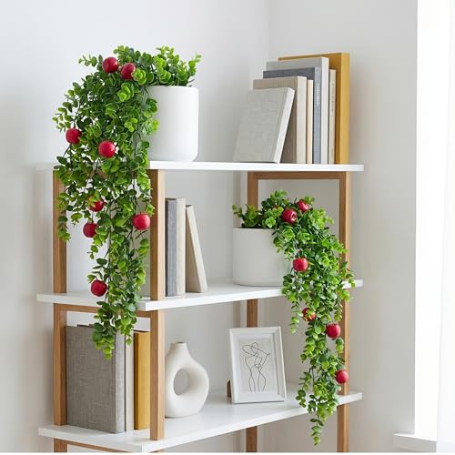 Image of Dekorly 2 Pack Artificial Plants Artificial Hanging Plants Faux Eucalyptus Leaf Greenery Fake Hanging Eucalyptus Plant (Green) (2, Cherry)