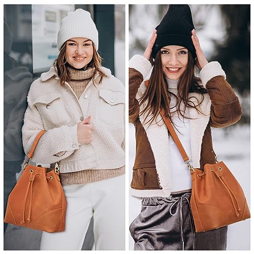 Image of S-ZONE Genuine Leather Purses for Women Crossbody Drawstring with 2 Straps | Top Grain Leather, Bucket Bags Crossbody Shoulder Top Handle, Multi Pockets, Vintage Casual, Travel Everyday