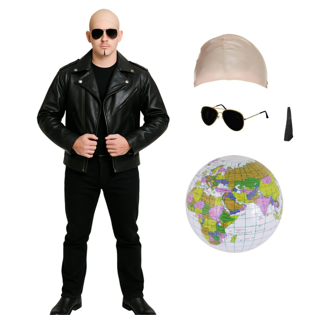 Adults Mr Worldwide Costume Set - Nude Bald Cap, Black Sunglasses, Soul Patch, Inflatable Globe & Leather Look Jacket - Mens Music Icon Famous Celebrity Fancy Dress Costume Halloween Events - Medium
