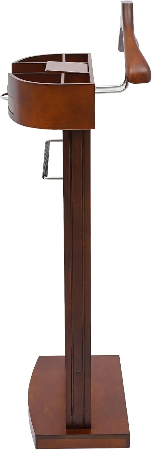 Standing Suit Valet Stand, Wood Mens Valet Stand With Drawer, Top Tray, Contour Hanger, Trouser Bar, Belt &tie Holder, Shoe Rack For Men Women