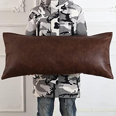 PANOD Decorative Lumbar Throw Pillow Covers 16 x 36,Premium Faux Leather Long Pillow Covers Cushion Case for Farmhouse Sofa Couch Bed Livingroom,Modern Boho,Vegan Dark Brown Cover