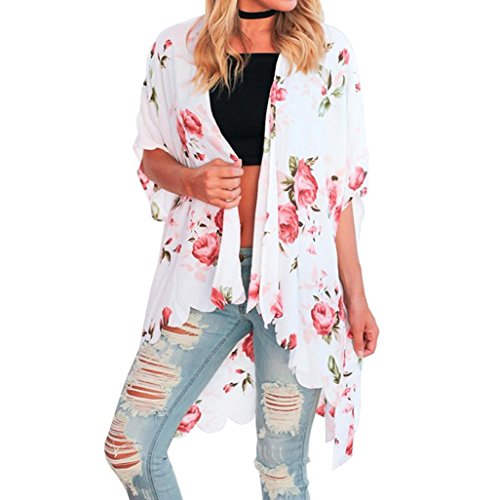 Bikini Cubrir Mujer, Mujer Floral Verano Playa Gasa Fina Bikini Cubrir Kimono Chaqueta de Punto Blusa Camisolas Pareos Bikini Cover Up Chales Wraps Tops Outerwear Jersey (Blanco, L)