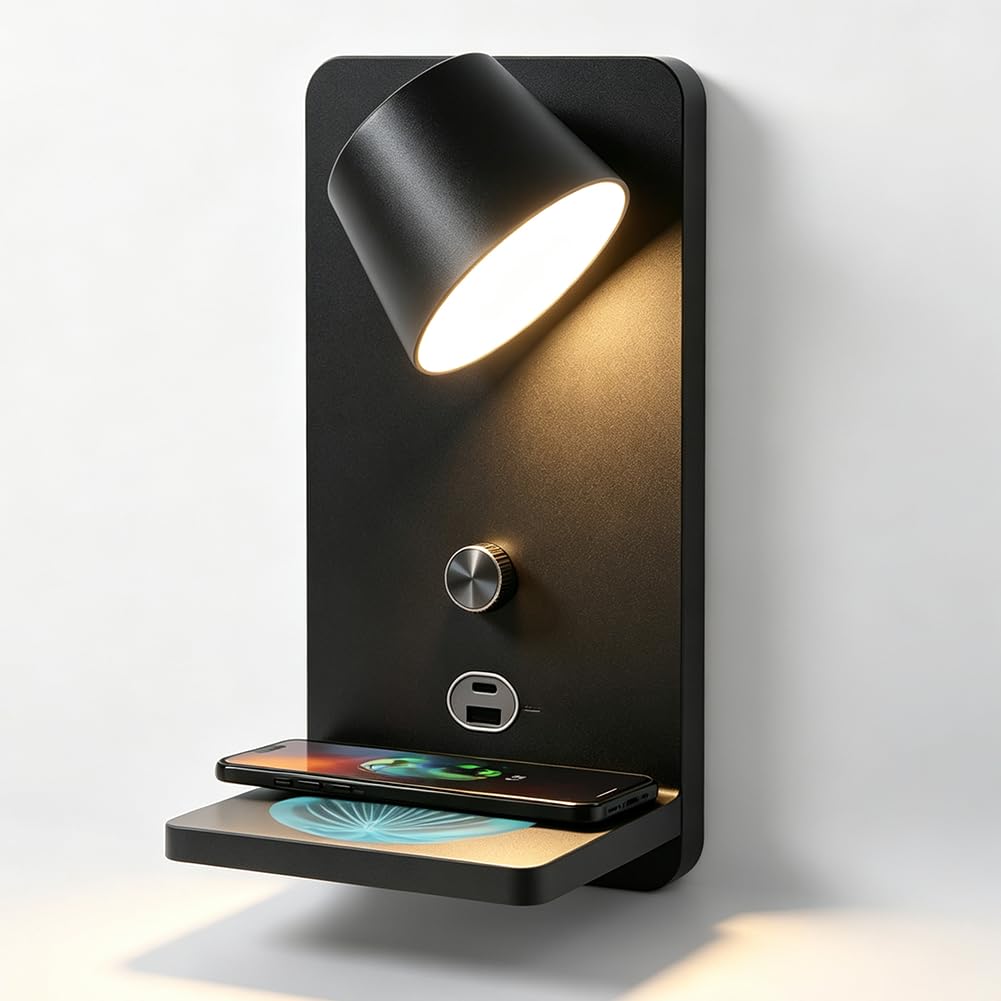 Aplique Giratorio con Regulador de Intensidad y Puerto de Carga USB Lámpara de Pared con Luz Cálida de 3000K Estación de Carga Inalámbrica Lámpara de Lectura de pared LED Iluminación,Negro