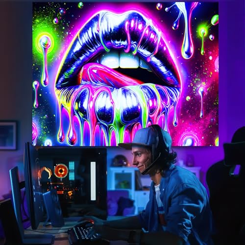 Image of BlissYard Neon Geometric Dripping Lips Tapestry 78x59 Inch - Blacklight UV Reactive Psychedelic Wall Hanging for Bedroom Living Room Party & Festival Decor