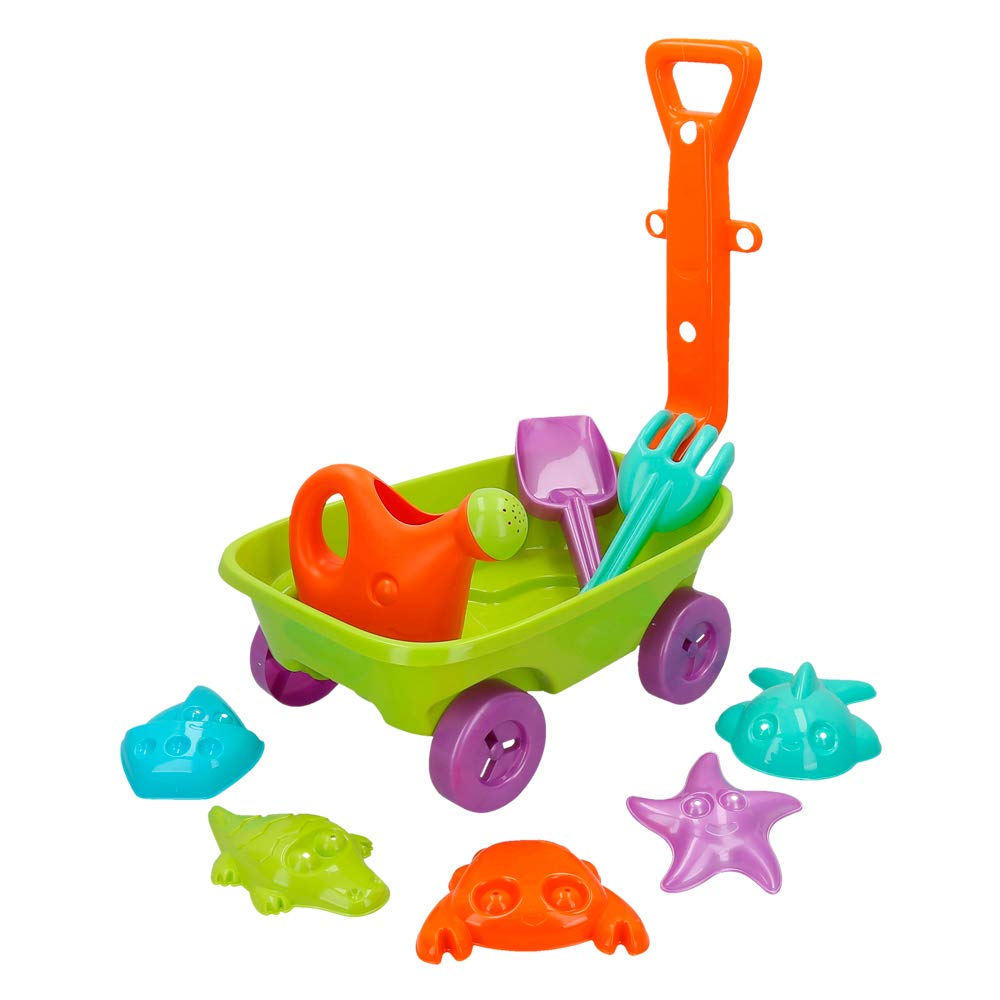 ColorBaby - Carretilla de playa con 1 regadera, 1 rastrillo, 1 pala y 5 moldes (43506)
