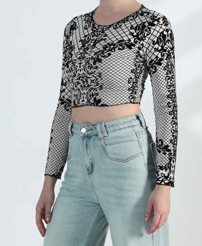 Image of ICW Women Long-Sleeves Round Neck Net Printed Transparent Mesh Sheer Crop Top T-Shirt DN38(Mix Print)