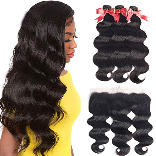 Brazilian Virgin Body Wave 3 Bundles with Frontal Closure 100% Virgin Body Wave Human Hair Weave Weft Extensions with 13 x 4 Lace Frontal Natural Color(22 24 26+20Frontal)