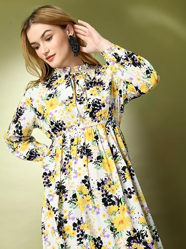 Image of KZULLY | Floral Printed Maxi Dresses for Women | Long Sleeve Beautiful Floral Patterns | Stylish and Elegant Dress | Tie Neck