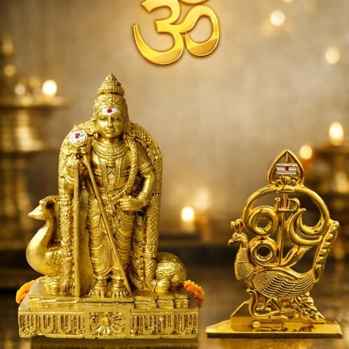 Image of Murugan Idol with Om Muruga Mayil Vel Combo for Car Dashboard | Premium Gold Murugan Statue for Home Temple, Office Desk & Pooja Decor | 10 cm & 7 cm
