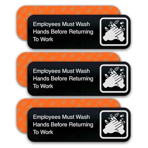 ADASigns Employees Must Wash Hands Before Returning to Work Sign Package of 3 Signs – 3” x 9” Durable Black Acrylic with 3M Double Sided Strong Tape for Easy Installation – Hand Washing Signs for Restaurants & Businesses