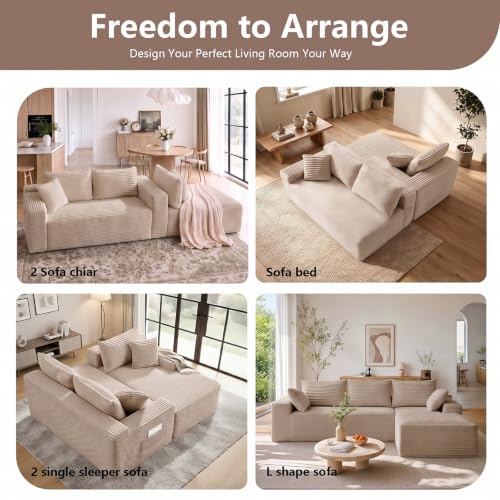 Image of 106.3 inch L Shaped Boneless Sectional Corduroy Couches for Living Room (Camel)