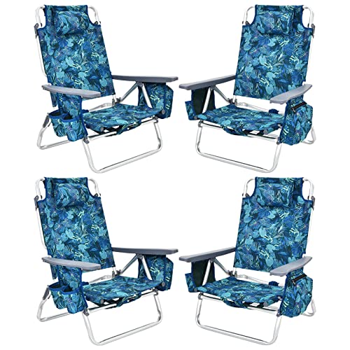 Image of Tangkula Set of 4 Backpack Beach Chair, 5-Position Lay Flat Beach Chairs with Cooler Bag, 2 Cup Holders, Towel Bar, Lightweight Low Folding Beach Chair with Backpack Straps, Navy