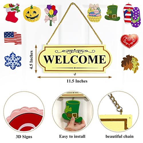 10 Pieces Set Interchangable Multi Holiday Welcome Sign Decoration Wall Hanging Door Festive Plaque Whimsical Decor - 11 1/2" L X 4 1/4" H, Each Design Approx. 4 1/2" L X 4" H.by Ctd Store #TOP3