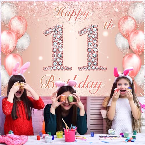Image of Happy 11th Birthday Rose Gold Banner Cheers to 11 Years Old Backdrop Confetti Balloons Theme Decor for Girls 11 Years Old Pink Birthday Party Decorations Bday Supplies Background Favors Gift Glitter