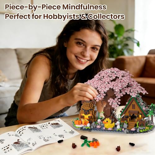 Image of SKY LINE OCEAN Capybara Cherry Blossom Bonsai Tree House Building Set, 2280+ PCS Micro Mini Blocks, Cute Animal Sakura Cabin DIY Kit, Desk Decor Craft Toy for Ages 14+ | 5 Year Structural Warranty