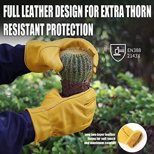 OZERO Leather Work Gloves: Waterproof Wear-Resisting Cowhide Leather Gardening Gloves for Yard Work, Gardening, Heavy Duty, Farm, Warehouse, Construction, Motorcycle, Men & Women