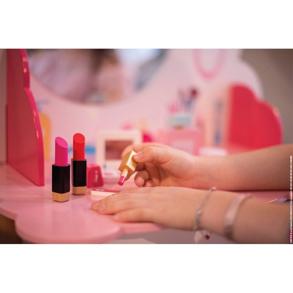 Janod - Toelettatura per Bambini in Legno P'tite Miss - 10 Accessori Inclusi - Imitazione e Sviluppo - A Partire dai 3 Anni, J06553, Rosa e Bianco