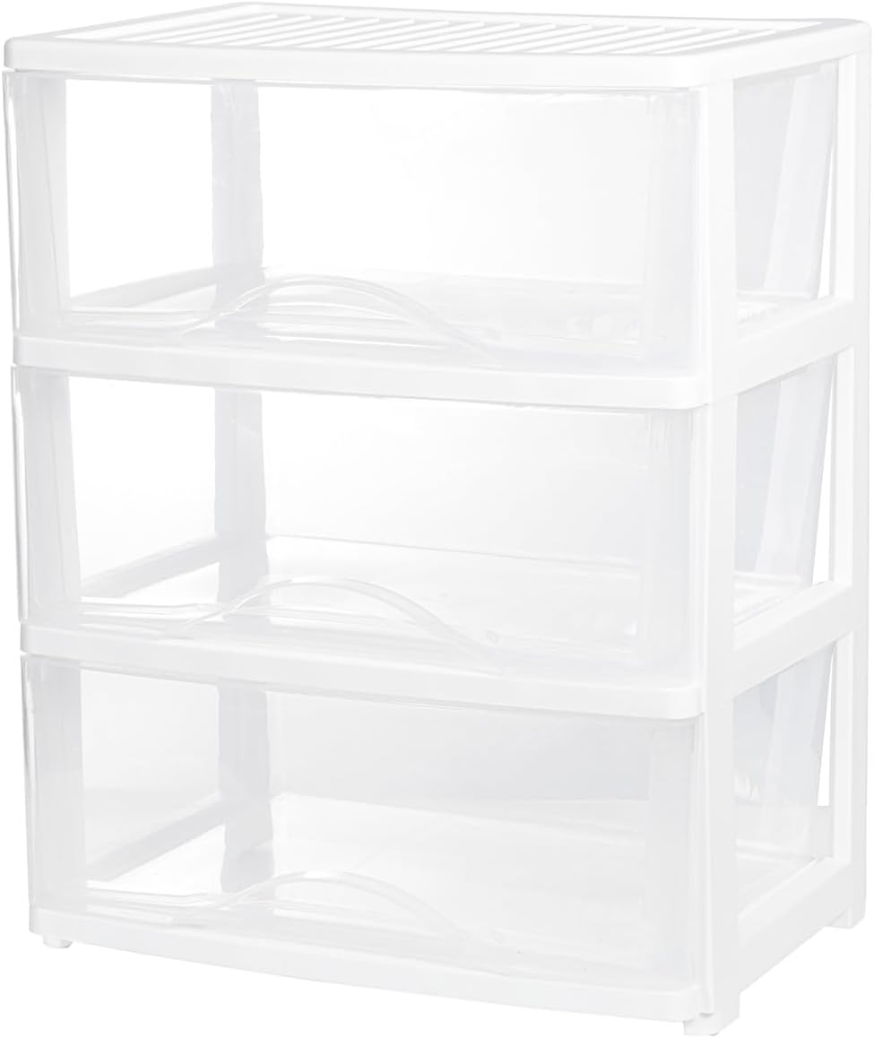 BYCY 3 Drawer White Plastic Storage Organizer Rolling Cart with Wheels Casters,Assemble Organizer Cart Storage Bin Paper Organizer for Office Art Craft Supplies Dresser Classroom and Home,Wide
