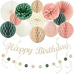 24Pcs ​Boho Style​ All-In-One ​Party Decorations Kit, ​Happy Birthday Banner​ with Honeycomb Balls, Paper Flowers, Lanterns, Hanging Swirls, Garland for ​Women, Girls Celebrations​ (Pink Sage Green)