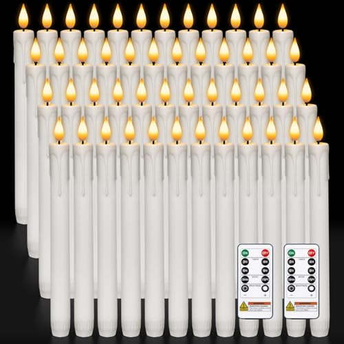 Image of Homemory 48 Pcs Plastic Flameless Taper Candles with Remote Timer Dimmer, Taper Candles Battery Operated with Flickering Light, White Led Candlesticks for Wedding Party Holiday Decoration 9.6 Inches