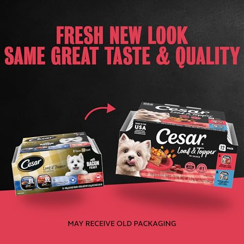 Image of Cesar Loaf & Topper Wet Dog Food, Bacon Feast, 3.5 oz, 12 Count, 2-Pack | Rotisserie Chicken & Angus Beef with Bacon & Cheese, no fillers or artificial flavors, slow-cooked, easy peel trays