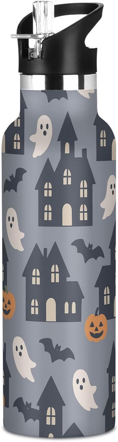 Halloween Pattern Haunted Houses on Gray Lightweight Sports Insulated Water Bottle with Handle Double Wall Vacuum Insulated for Water, Milk, Juice,