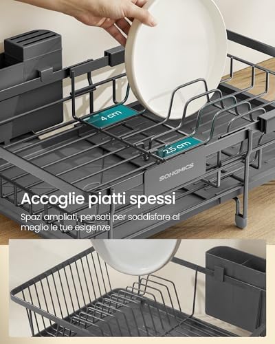 SONGMICS Scolapiatti, per Spazi Ridotti, Portapiatti da Cucina Estensibile, Capiente, Beccuccio Estensibile e Girevole a 360°, Acciaio, (30,2-46,5) x 29,6 x 14 cm, Grigio Antracite KCS556GT01 - Immagine 4