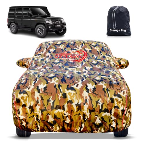 Image of Mahindra Bolero 2011-2026 Models 100% Waterproof Car Cover for All Weather Protection Mirror & Inner Cotton Triple Stitched Cover, Adjustable Belt Bottom Elastic (Jungle Print)