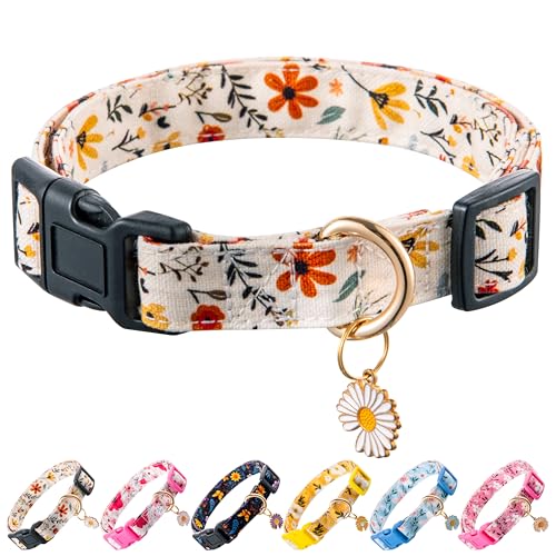 Raisingwell Cotton Dog Collar Beige Flower Pattern for Boys and Girls Cute Dog Collars Summer Fall...