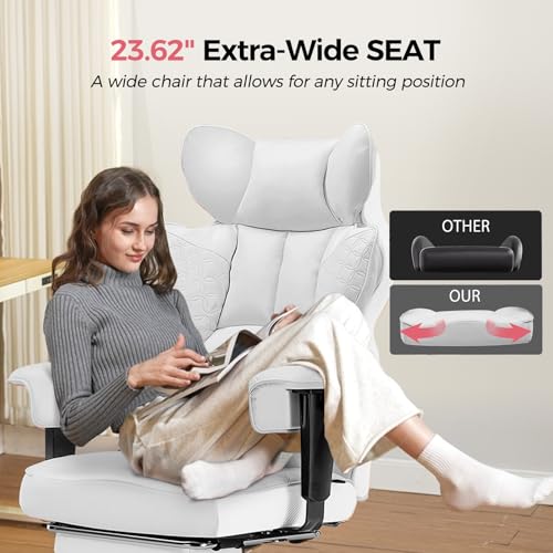 GTRACING Big and Tall Gaming Chair 400lbs Heavy Duty Office Chair with Foot Rest & Ergonomic Pocket Spring Lumbar Support, High Back 3D Saddle Shaped Cushion for Back Pain Relief, White