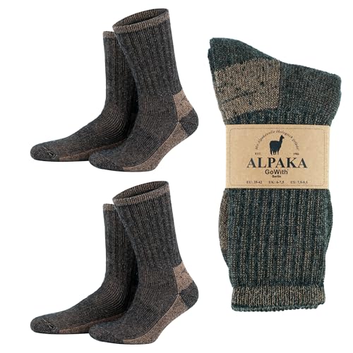 GoWith 2 Pairs Hiking Alpaca Wool Crew Socks for Men & Women, Merino Wool Full Cushioned & Terry Cozy Fuzzy Socks