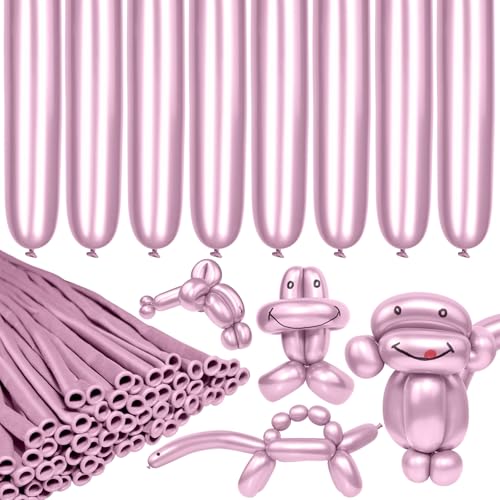 Image of LXZFCRG 260 Long Balloons, Shiny Metallic Latex Twisting Balloon for Balloon Animals, Magic Balloons for Birthdays Wedding Party Decorations 100pcs (Metallic Pink)
