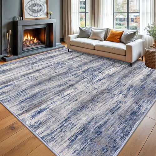 KOZYFLY Area Rugs 9x12 Living Room Modern Ombre Washable Thin Rug Large Rugs Non-Slip Soft Striped Rug for Bedroom, Print Grey-Blue Abstract Carpet for Laundry/Kid Room