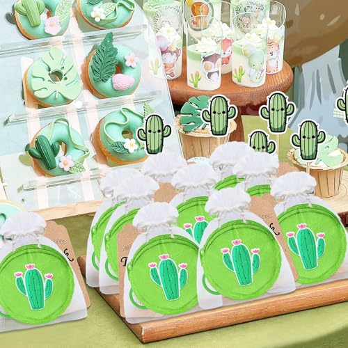 36 Pack Cactus Change Purses Set Include 12 Wallets with Keyring, 12 Thank You Tags and 12 Organza Bags for Cactus Tropical Mexican Western Desert Hawaiian Summer Party Decoration,Green4