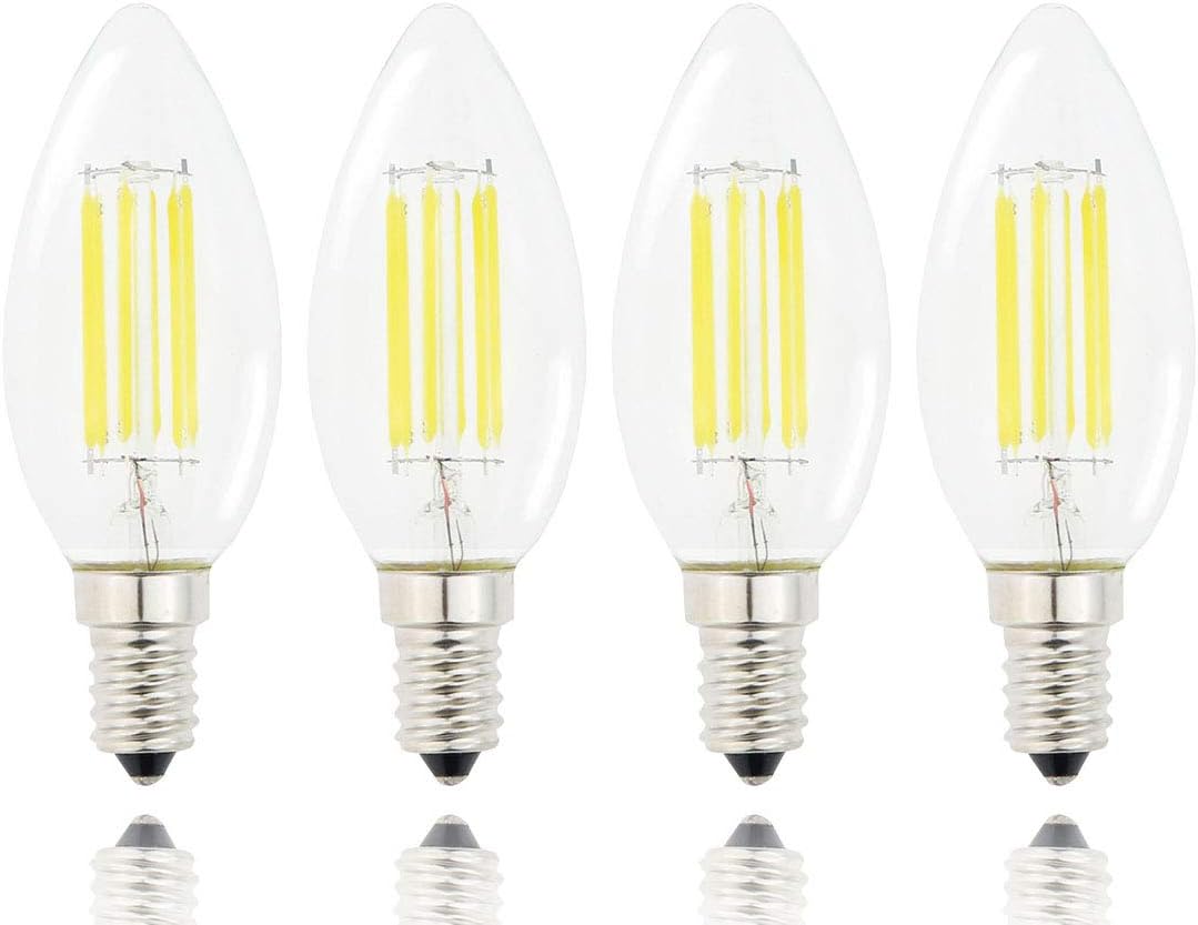 E14 LED Filament Candle Shape Light Bulb,E14 European Base Bulb,Daylight 6000K 600LM 60W Equivalent,C35 Clear Glass Torpedo Shape Bullet Top,No-Dimmable (4-Pack)