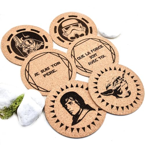 Lot de 6 dessous de verre en liège avec citation drôle au choix, idée cadeau fête des pères, saga guerre des étoiles, dark vador, yoda, 10cm
