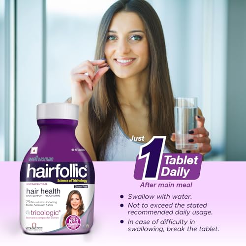 Image of Wellwoman Hairfollic Hair Nutritional Supplement for Women (2 Months Pack) | 25 Bio-Nutrients with Biotin, Selenium, Zinc, Marine Collagen & Tricologic Complex | Daily Multivitamin & Nutritional Supplement | Gluten Free | 60 Tablets | 1,045mg Per Tablet