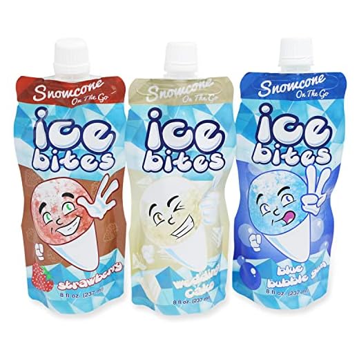 Snowcone On The Go Ice Bites - Flavored Frozen Ice Pouches, Variety Pack, Strawberry, Blue Bubble Gum & Wedding Cake, 8 Oz (Pack of 3)