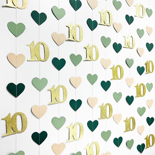 Image of Sage Green Gold 10th Birthday Decorations Sage Green Gold Heart Garland Streamer Banner Backdrop for Girls Happy 10th Birthday Double Digits I'm 10 Cheers to 10 Years Old Anniversary Party Supplies