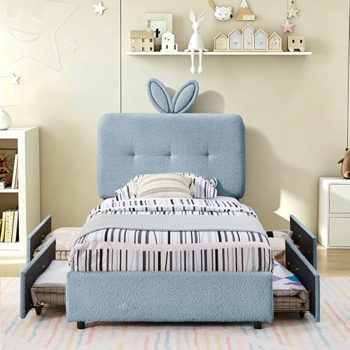Image of Twin Led Bed Frame with 4 Storage Drawer, Upholstered Platform Floor Bed with Rabbit Ear Headboard Daybed Strong Wooden Slats No Box Spring Needed for Kids Girls Boys, Blue