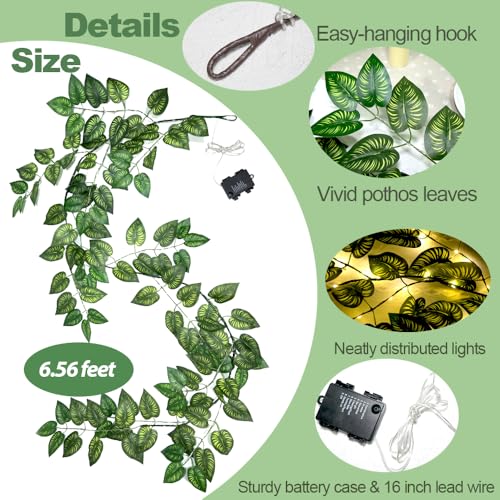 Image of 6.56FT Green Vines Garland with Lights 96 LED Battery Operated with Timer Faux Photos Vines Twig with Lights Spring Garlands Decortions for Mantel Fireplace Table Wall Patio Wedding Holiday Home Decor