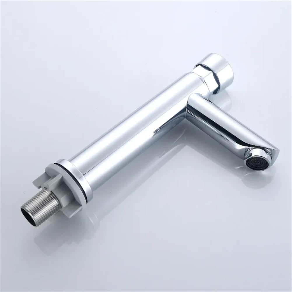 Grifo de Cierre Automático Cromado Ahorro de Agua Grifo de Lavabo de Baño Grifo Frío de Retardo Botón Pulsador Grifo de Lavabo Corto A