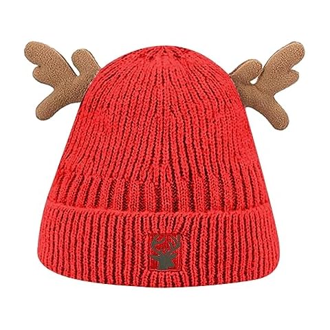 RARITYUS Women Warm Hat Cute Reindeer Antlers Knitted Winter Hats Crochet Earflap Knit Cap Beanie for Adults Red Cover