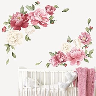 wondever Peony Flower Wall Stickers Watercolor Floral Peel and Stick Wall Art Decals for Girls Bedroom Living Room TV Background