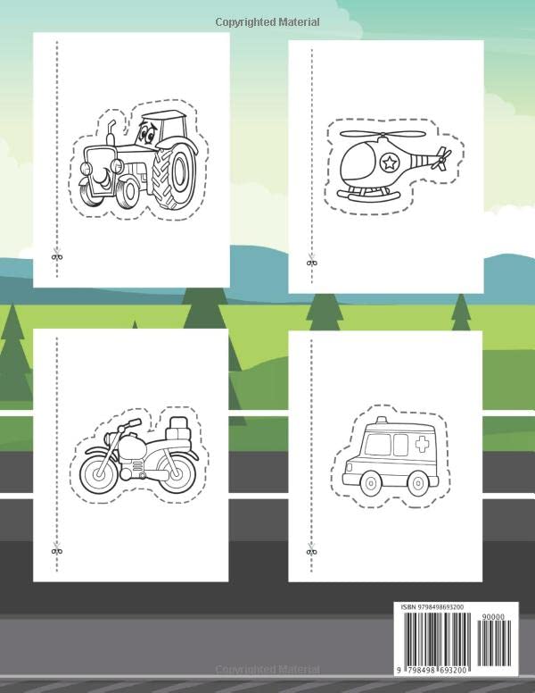 Vehicles Scissors Skills Activity Book For Kids: Fun Coloring And Practice Cutting For Preschool Toddlers Ages 3 And Up | Vehicles Activity Book For Kids | Transportation Coloring Book 2 5110GuSg5CL