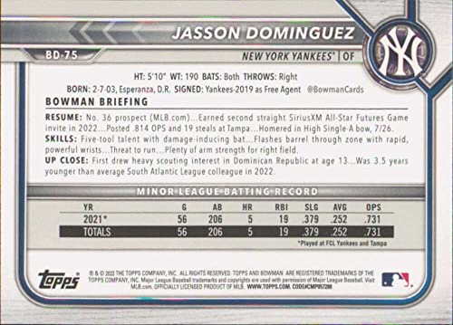 2022 Bowman Draft #Bd-75 Jasson Dominguez Rc Rookie New York Yankees Official Baseball Trading Card #TOP1