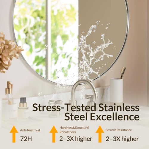 Image of ANDY STAR Silver Round Mirror, 32 inch Brushed Nickel Bathroom Mirror, Stainless Steel Metal Framed Circle Wall Mirrors, Large Modern Vanity Mirror for Entryway, Living Room